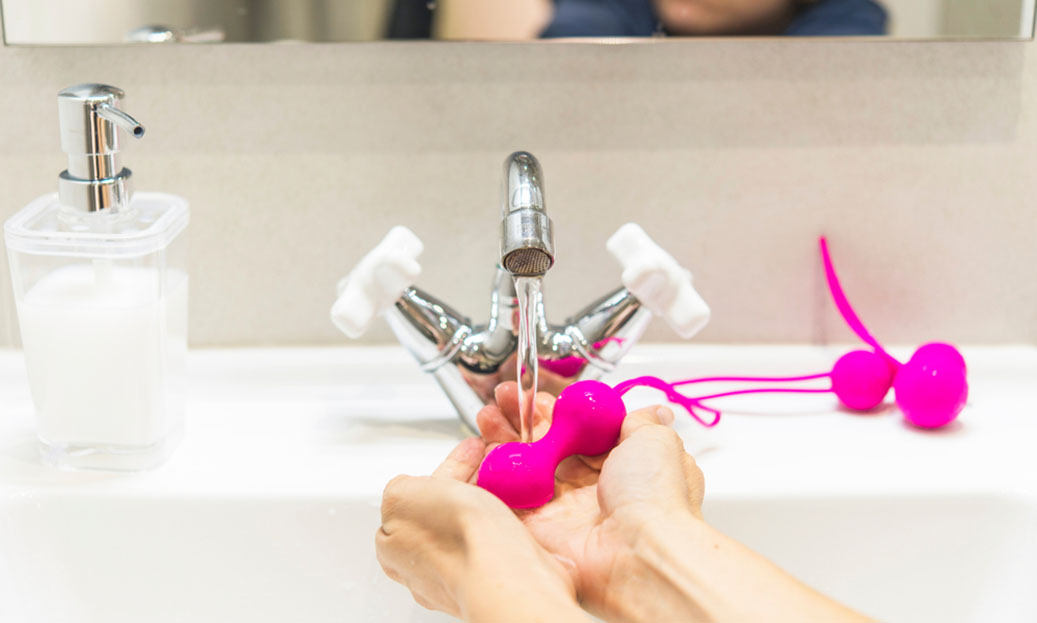 washing kegel balls in sink